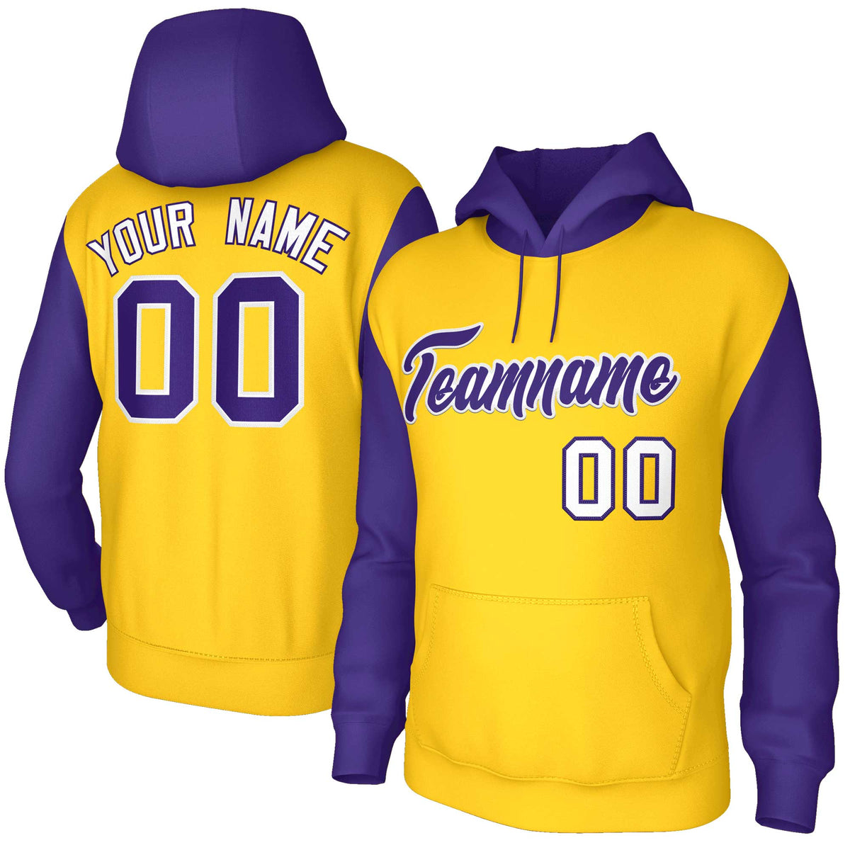 Custom Gold Purple-White Raglan Sleeves Stitched Sportwear Pullover Hoodie| KXKSHOP