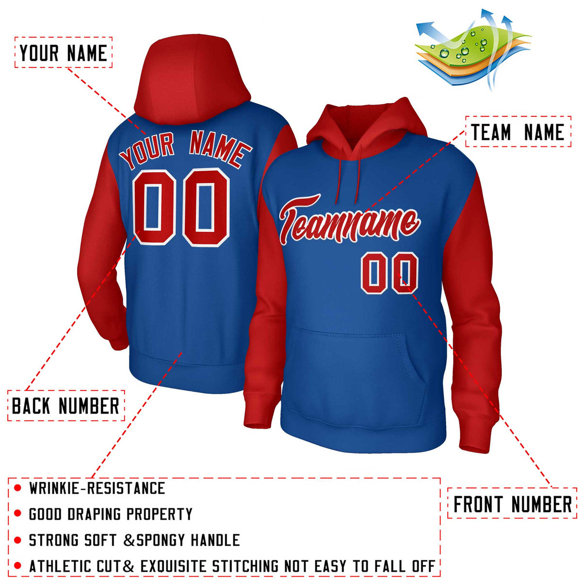 Custom Royal Red-White Raglan Sleeves Stitched Sportwear Pullover Hoodie| KXKSHOP