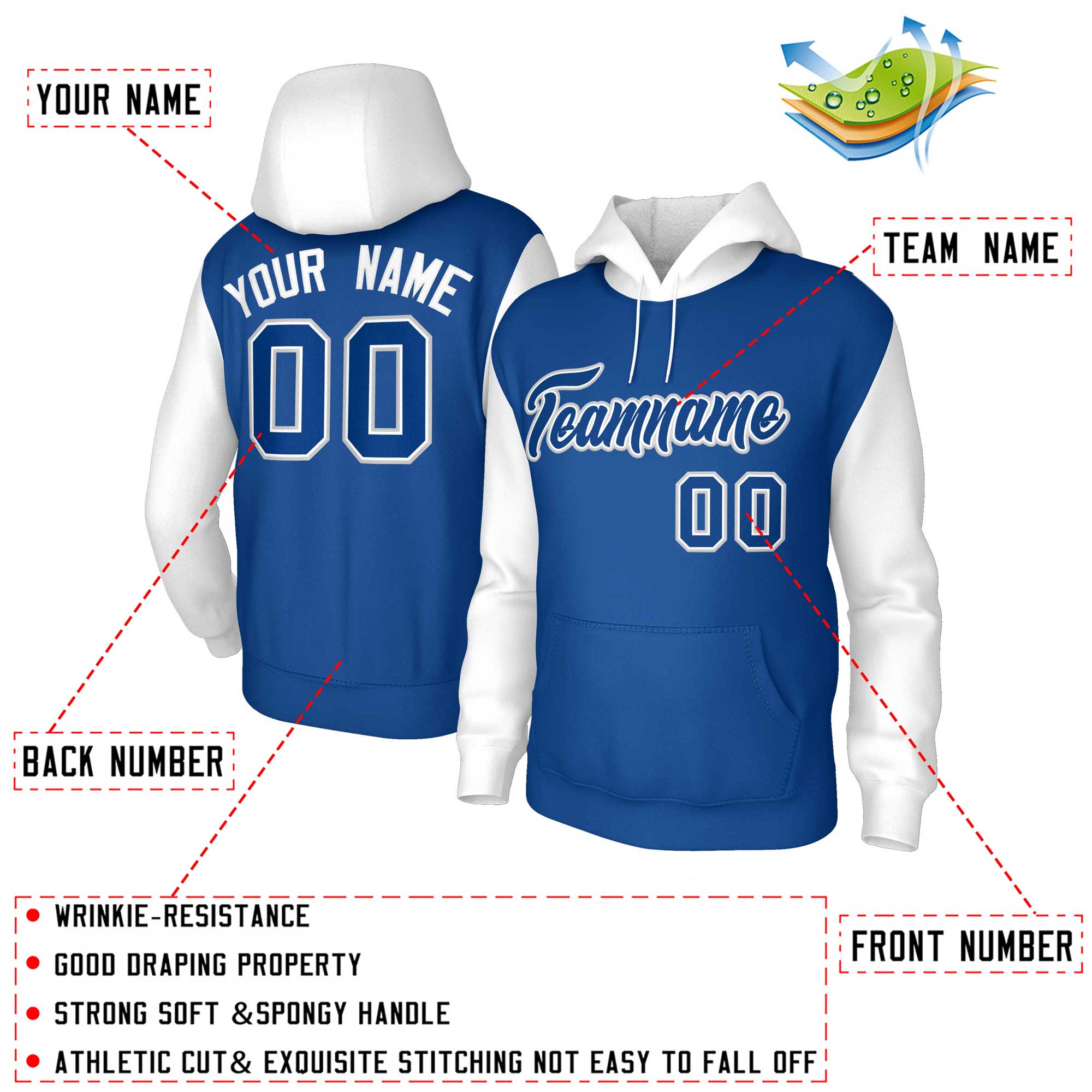 Custom Royal Royal-White Raglan Sleeves Stitched Sportwear Pullover Hoodie| KXKSHOP