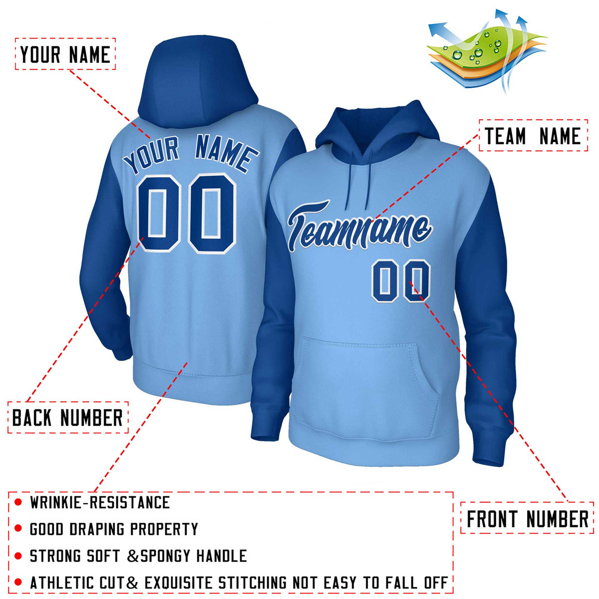 Custom Light Blue Royal-White Raglan Sleeves Stitched Sportwear Pullover Hoodie| KXKSHOP