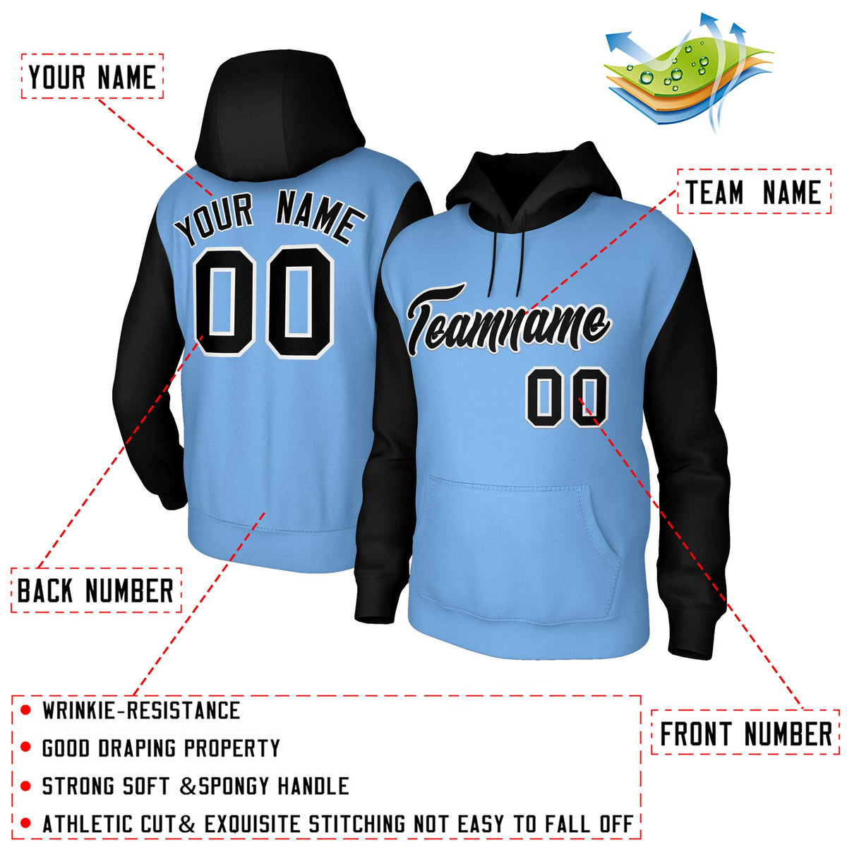 Custom Light Blue Black-White Raglan Sleeves Stitched Sportwear Pullover Hoodie| KXKSHOP