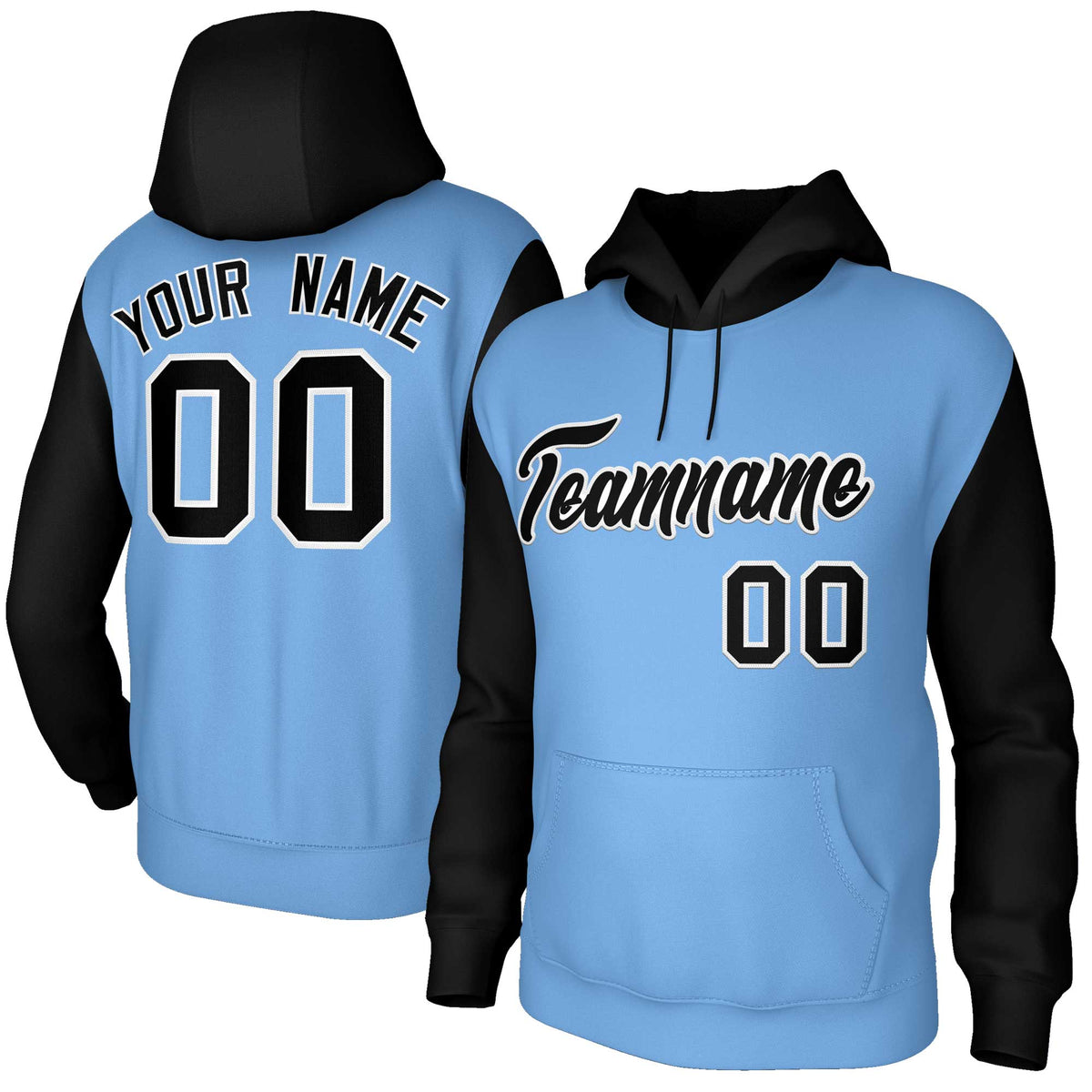 Custom Light Blue Black-White Raglan Sleeves Stitched Sportwear Pullover Hoodie| KXKSHOP