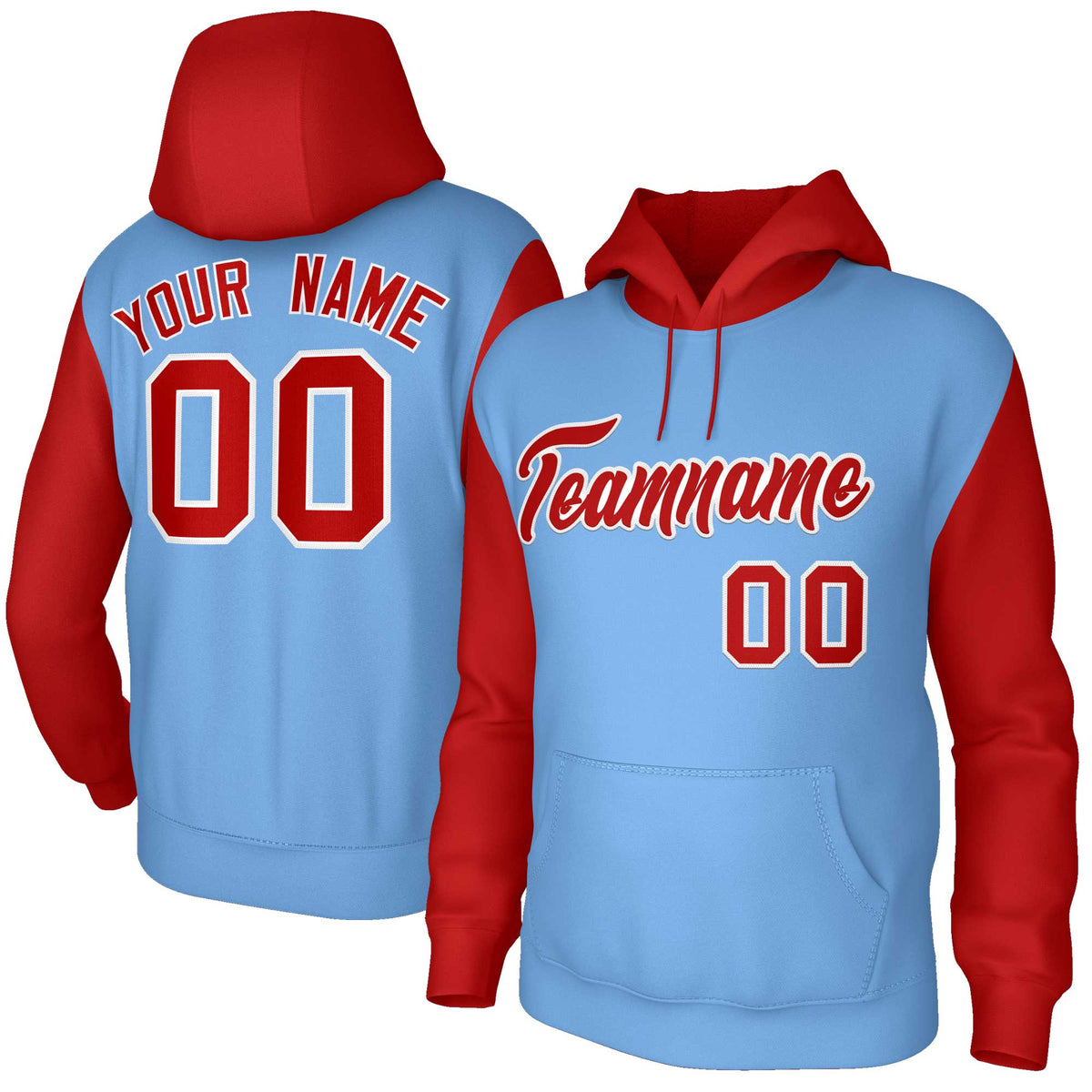 Custom Light Blue Red-White Raglan Sleeves Stitched Sportwear Pullover Hoodie| KXKSHOP