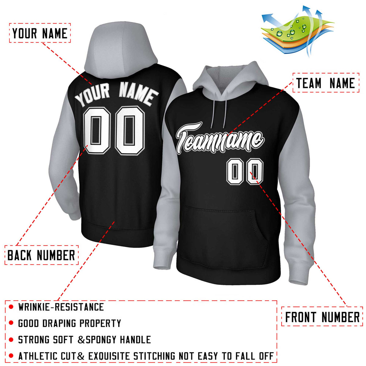 Custom Black White-Black Raglan Sleeves Stitched Sportwear Pullover Hoodie| KXKSHOP
