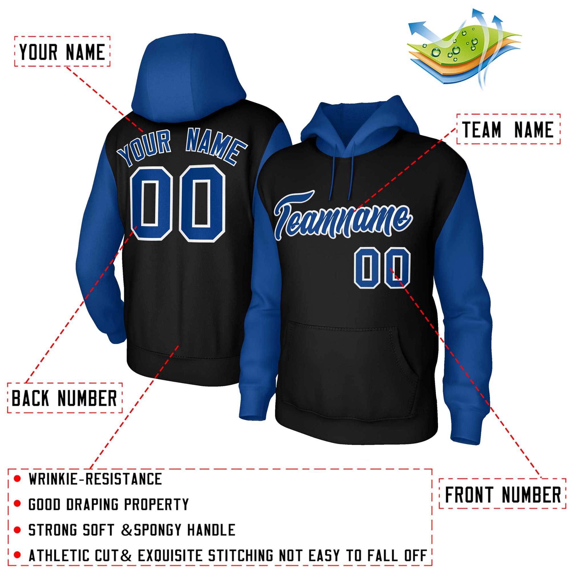 Custom Black Royal-White Raglan Sleeves Stitched Sportwear Pullover Hoodie| KXKSHOP