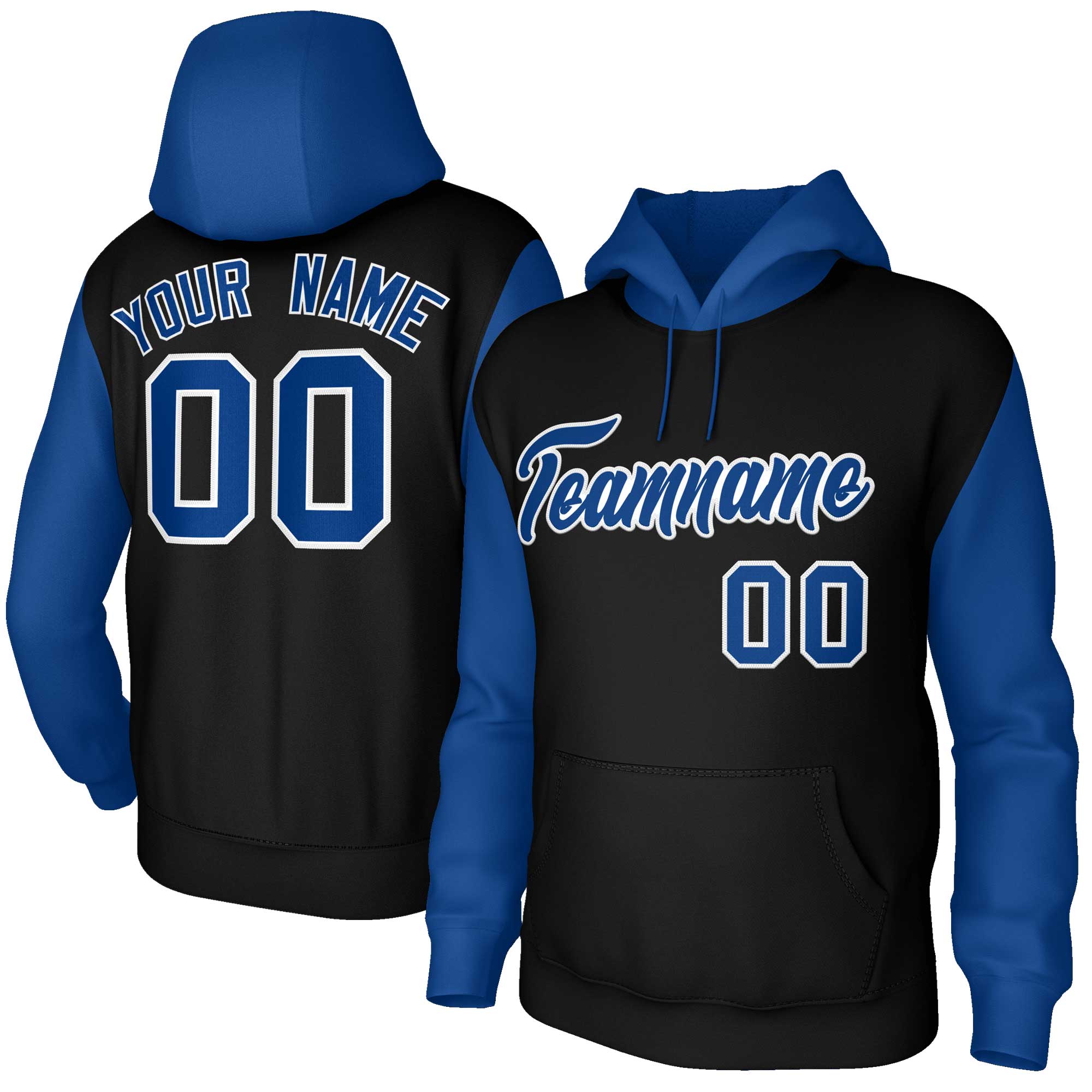 Custom Black Royal-White Raglan Sleeves Stitched Sportwear Pullover Hoodie| KXKSHOP