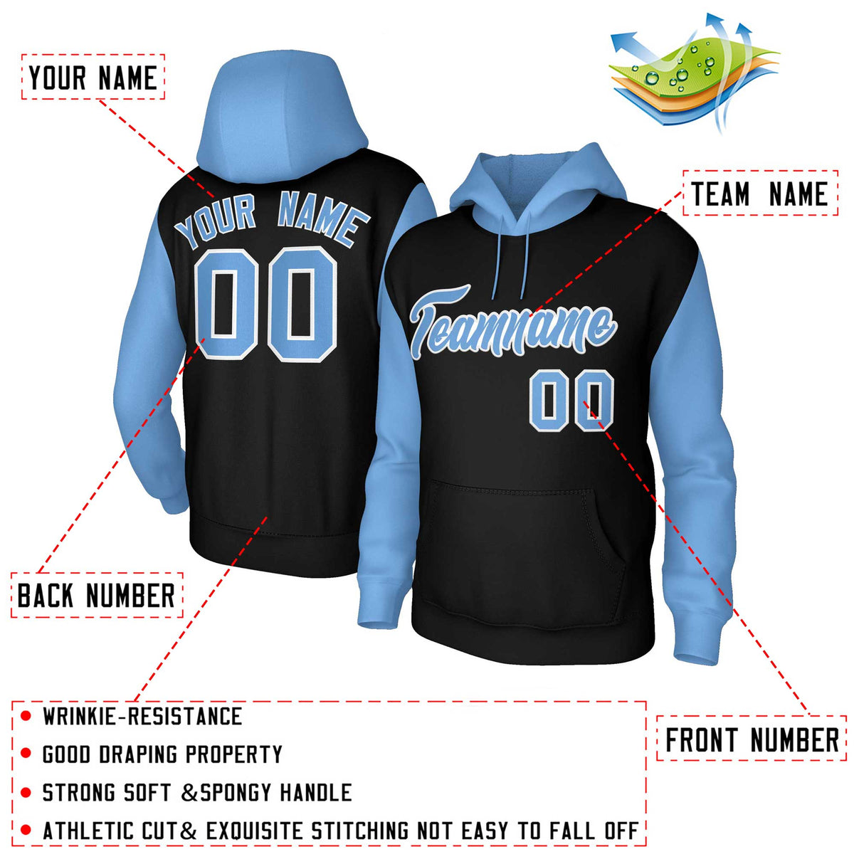 Custom Black Light Blue-White Raglan Sleeves Stitched Sportwear Pullover Hoodie| KXKSHOP