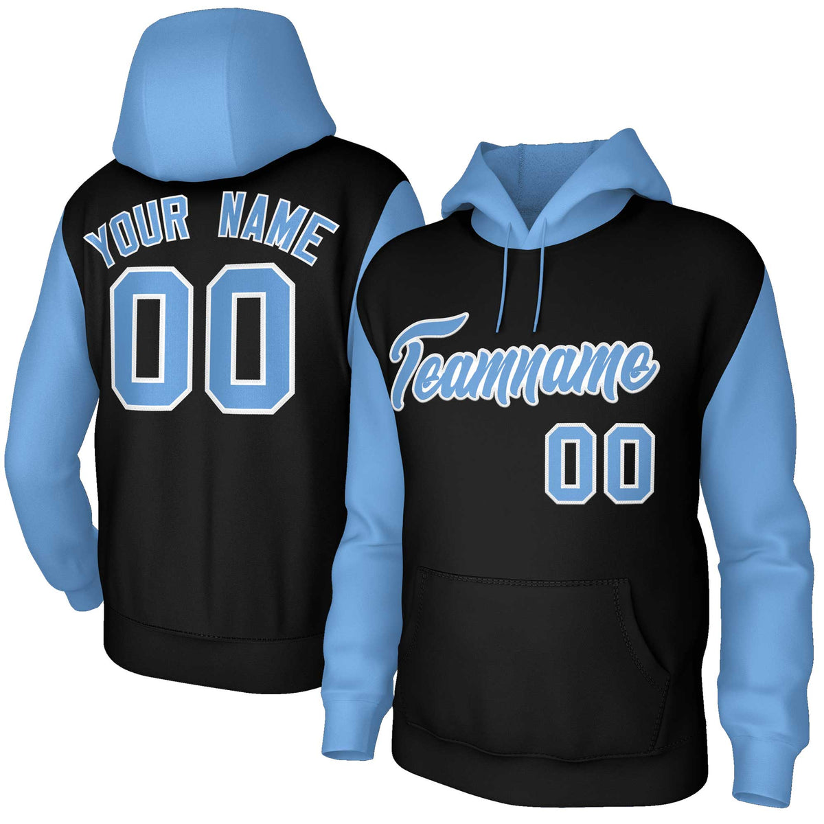 Custom Black Light Blue-White Raglan Sleeves Stitched Sportwear Pullover Hoodie| KXKSHOP