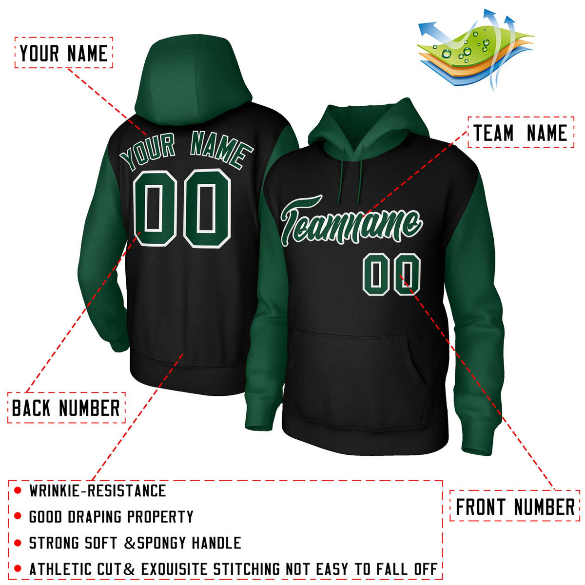Custom Black Green-White Raglan Sleeves Stitched Sportwear Pullover Hoodie| KXKSHOP