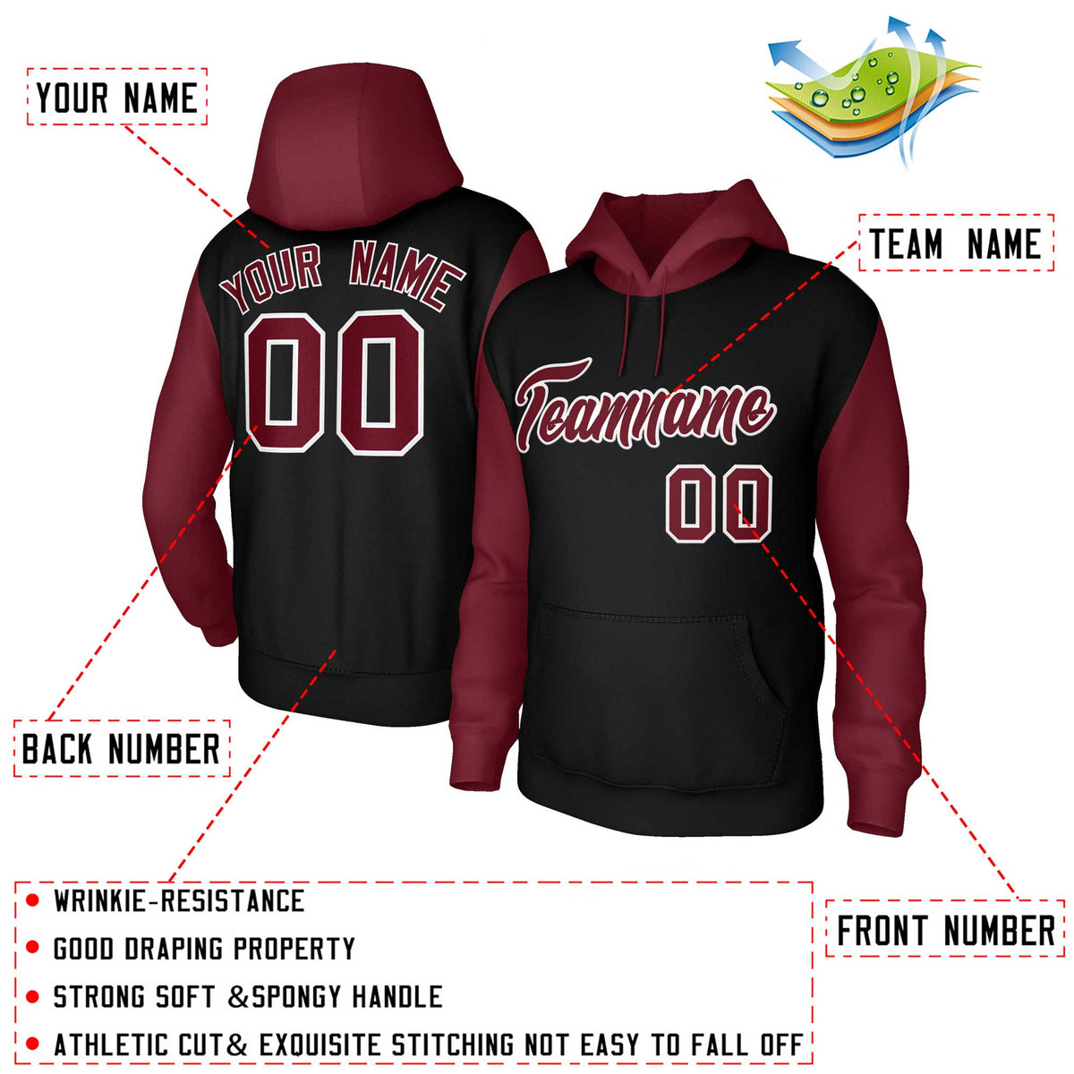 Custom Black Crimson-White Raglan Sleeves Stitched Sportwear Pullover Hoodie| KXKSHOP