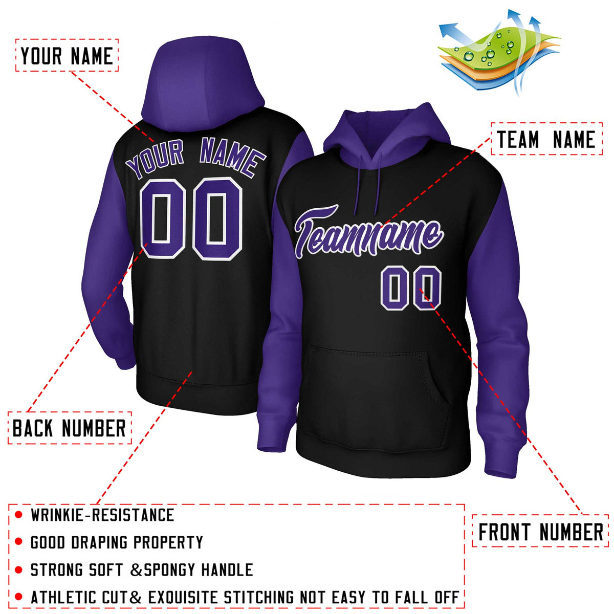 Custom Black Purple-White Raglan Sleeves Stitched Sportwear Pullover Hoodie| KXKSHOP