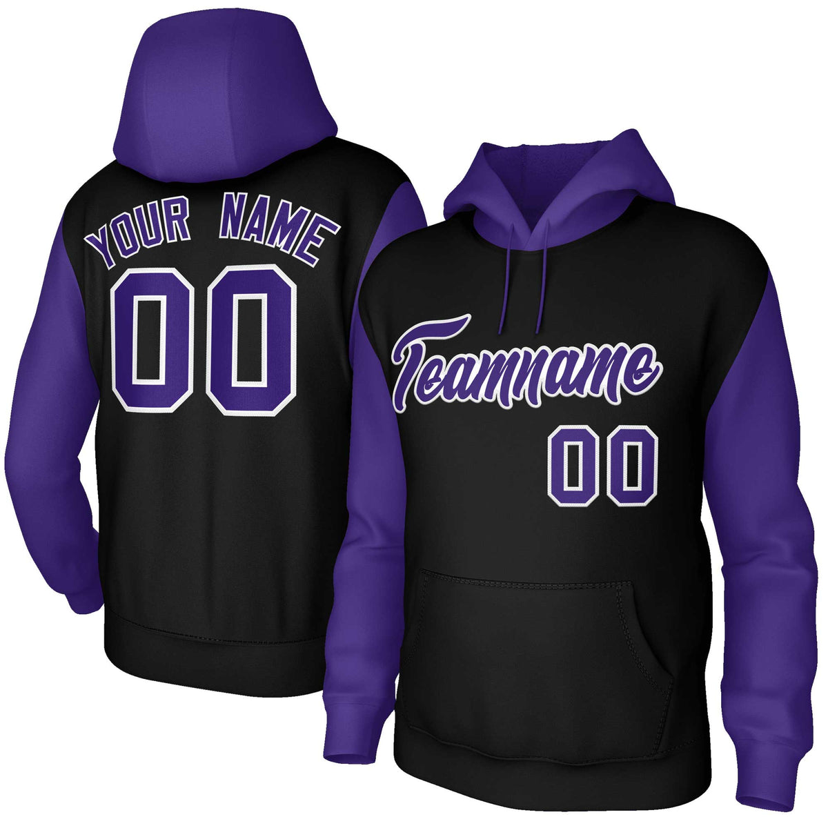 Custom Black Purple-White Raglan Sleeves Stitched Sportwear Pullover Hoodie| KXKSHOP
