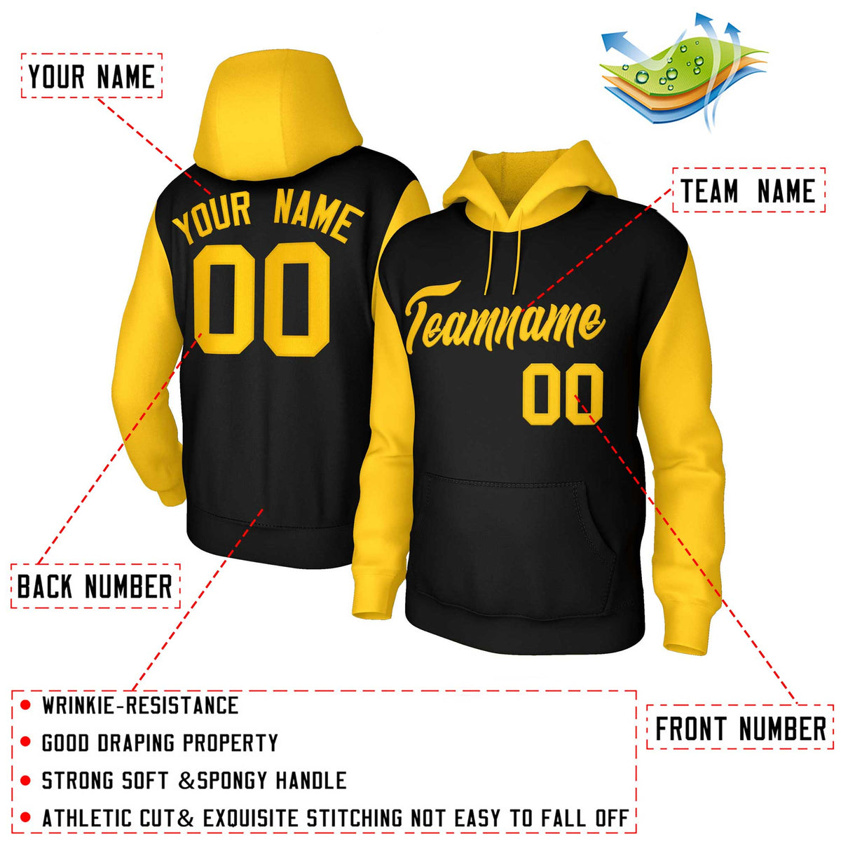 Custom Black Gold-Raglan Sleeves Stitched Sportwear Pullover Hoodie| KXKSHOP