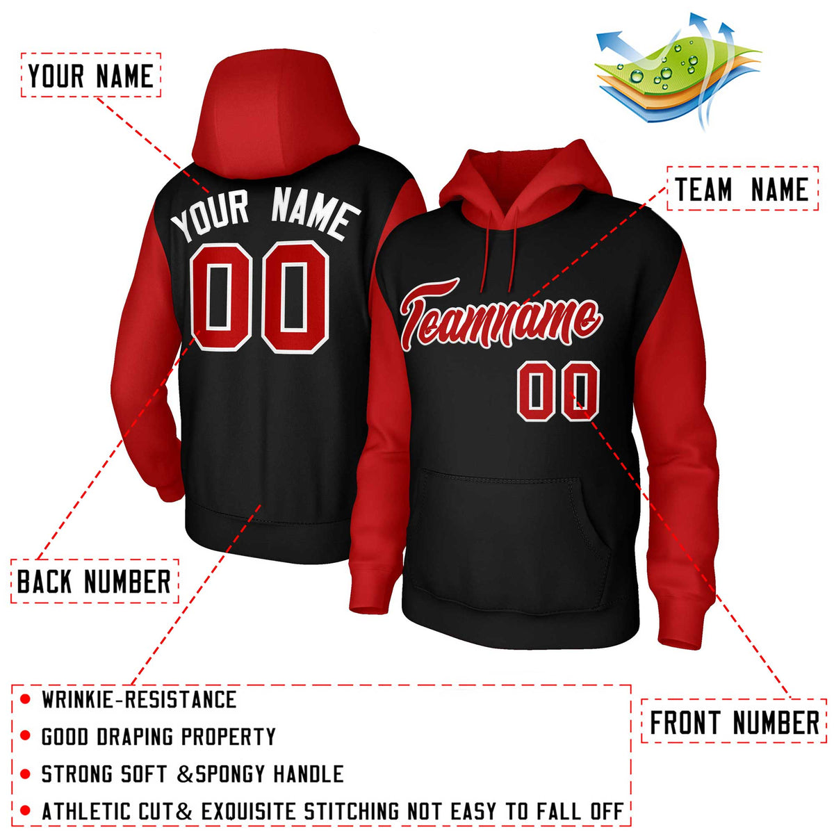 Custom Black Red-White Raglan Sleeves Stitched Sportwear Pullover Hoodie| KXKSHOP