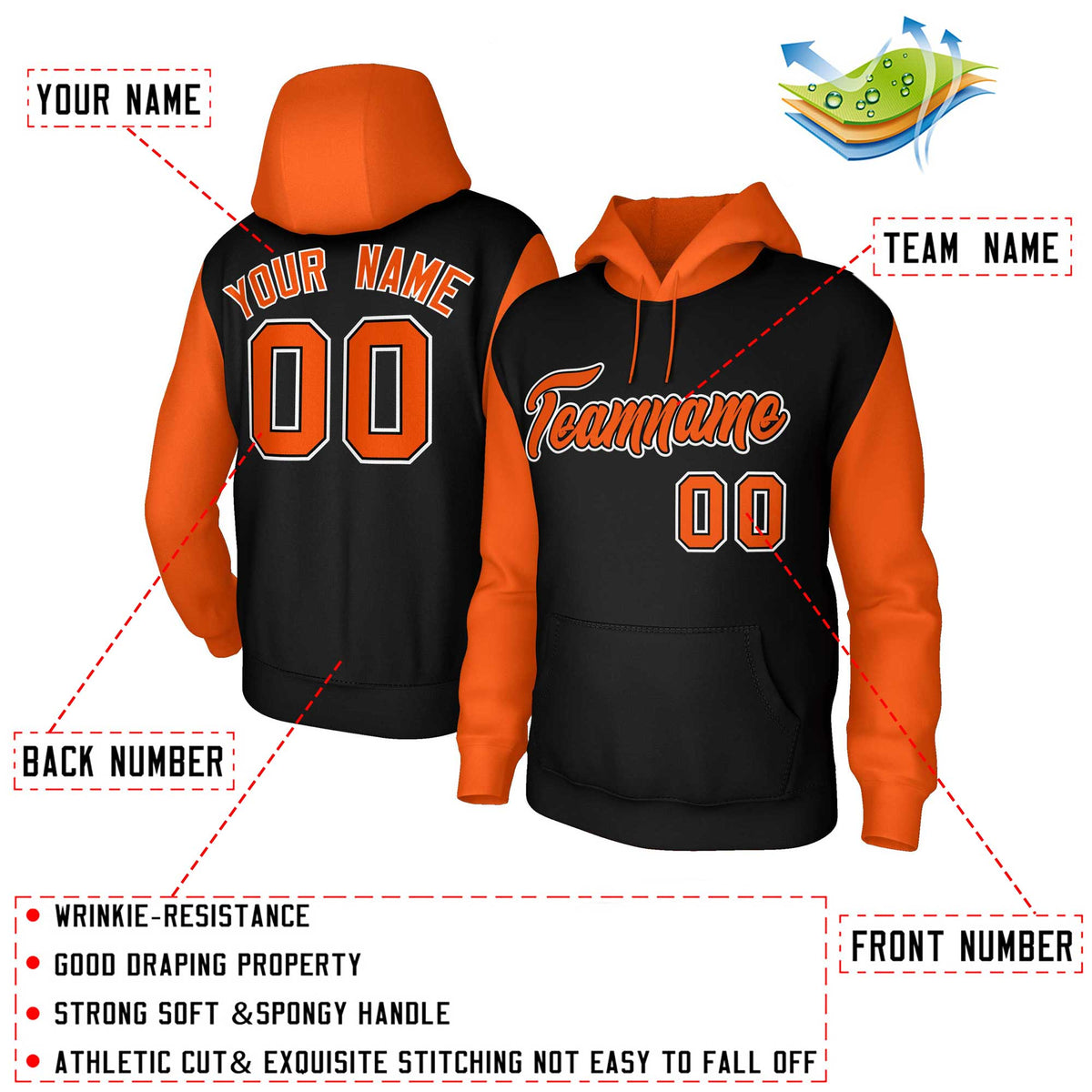 Custom Black Orange-Black Raglan Sleeves Stitched Sportwear Pullover Hoodie| KXKSHOP