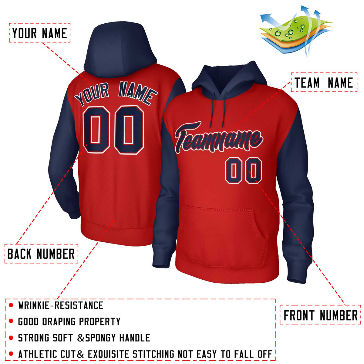 Custom Red Navy-Red Raglan Sleeves Stitched Sportwear Pullover Hoodie| KXKSHOP