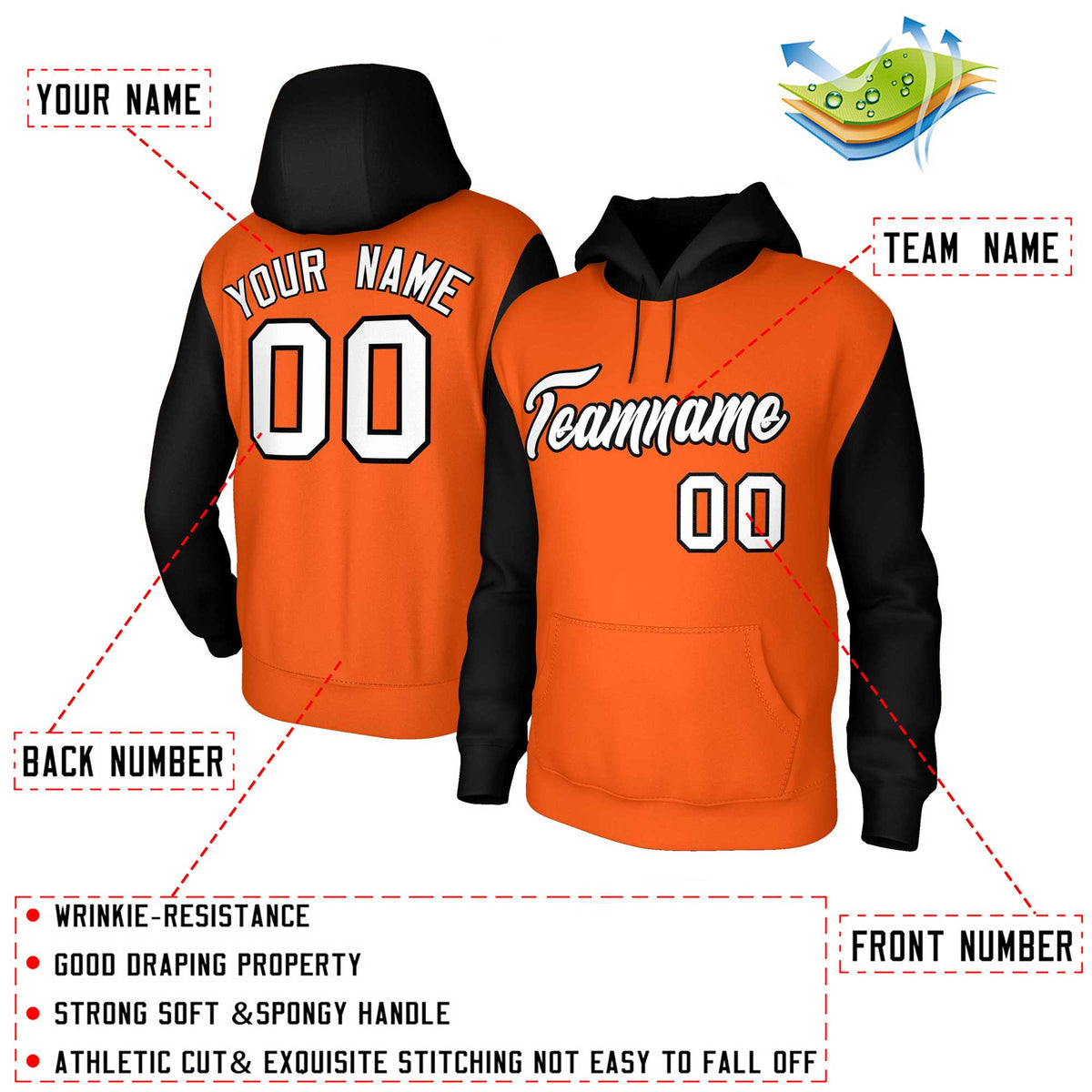 Custom Orange White-Black Raglan Sleeves Stitched Sportwear Pullover Hoodie| KXKSHOP