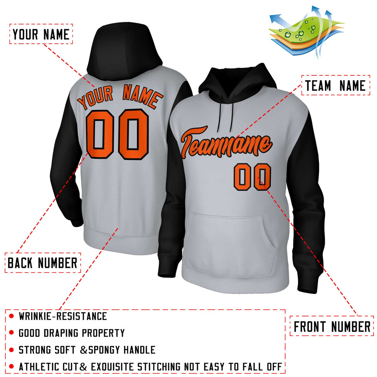 Custom Gray Orange-Black Raglan Sleeves Stitched Sportwear Pullover Hoodie| KXKSHOP