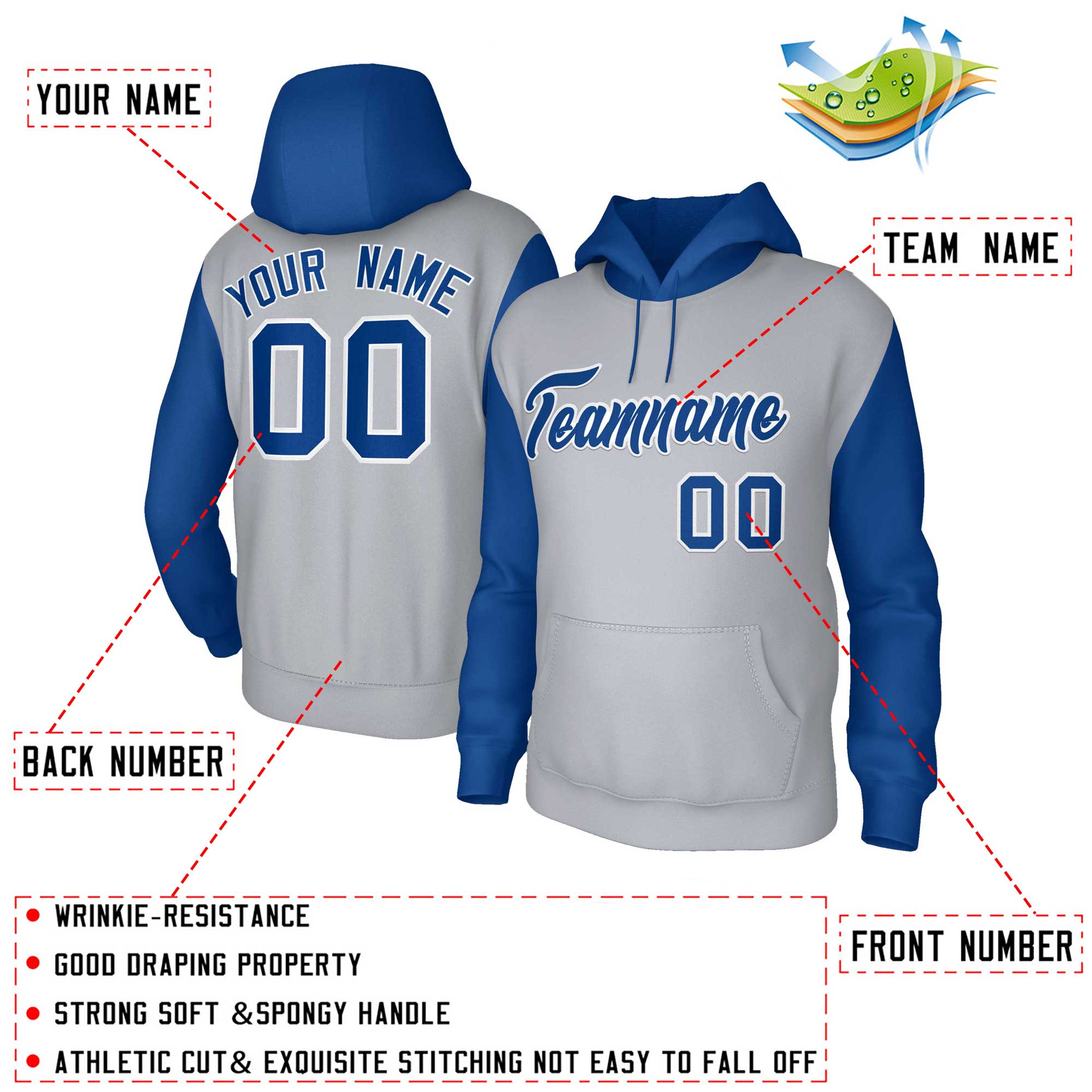 Custom Gray Royal-White Raglan Sleeves Stitched Sportwear Pullover Hoodie| KXKSHOP