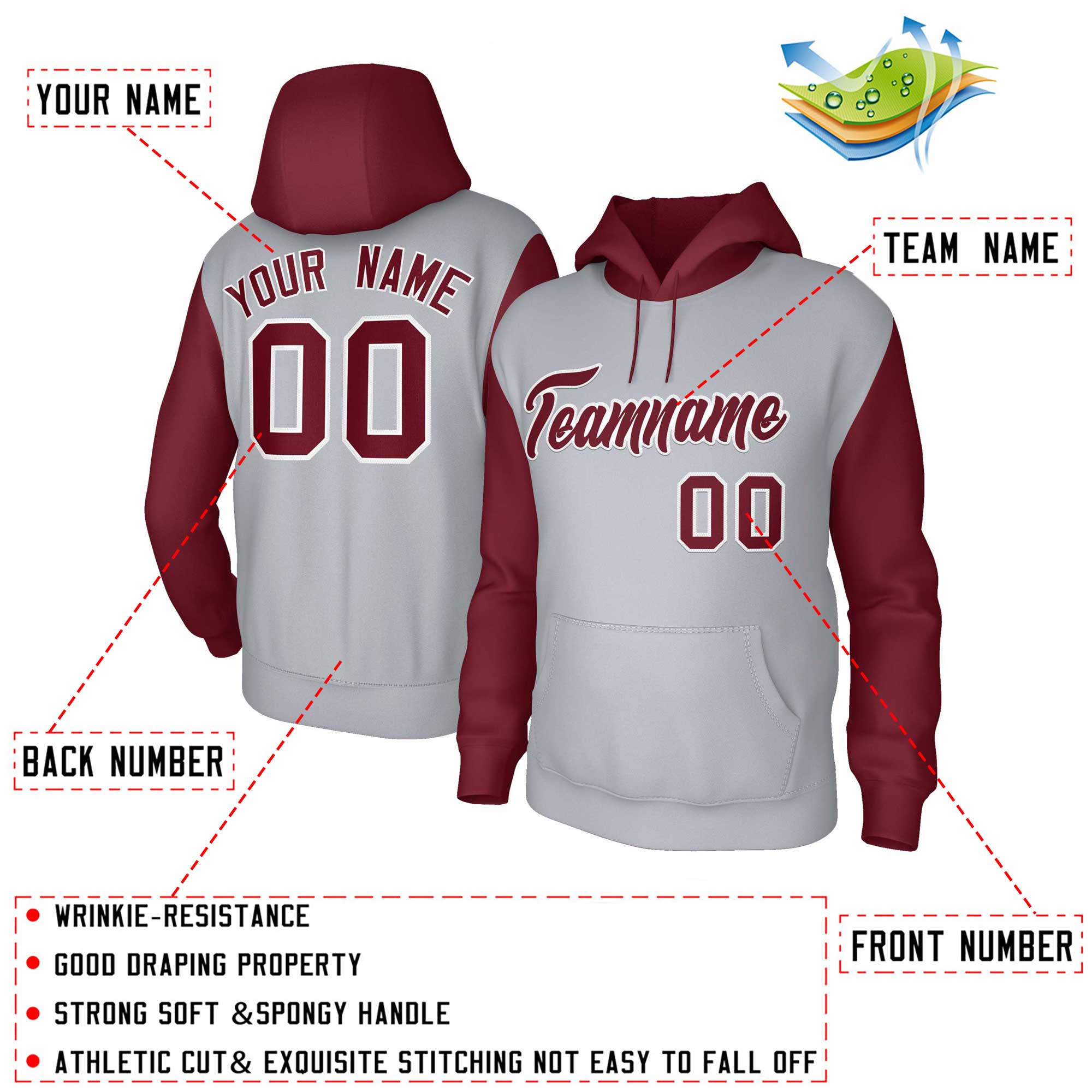 Custom Gray Crimson-White Raglan Sleeves Stitched Sportwear Pullover Hoodie| KXKSHOP