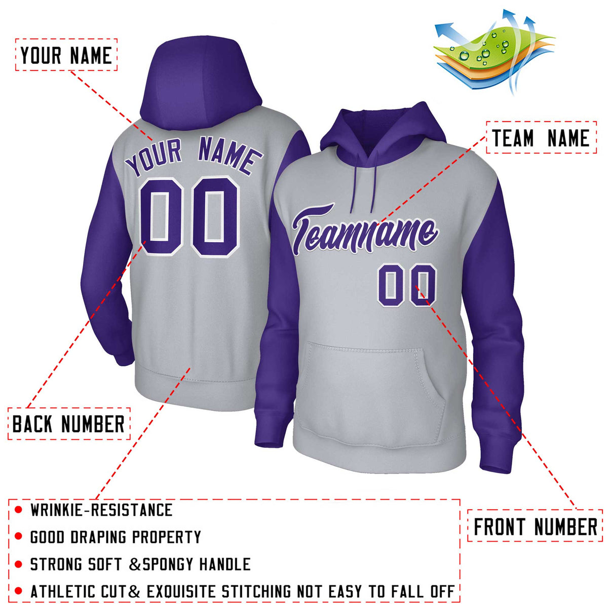 Custom Gray Purple-White Raglan Sleeves Stitched Sportwear Pullover Hoodie| KXKSHOP