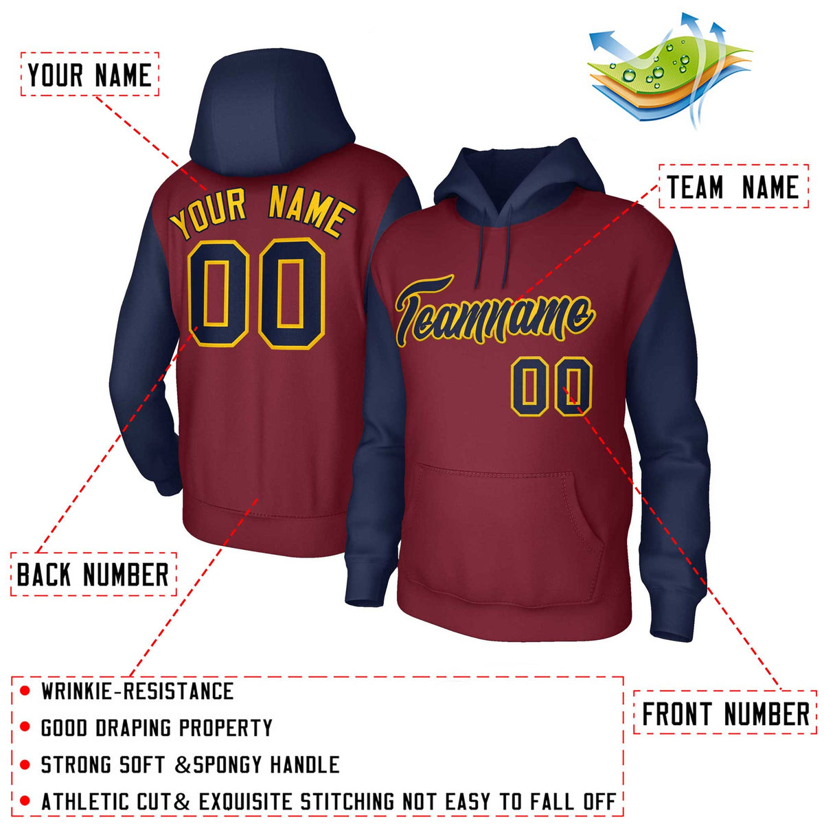 Custom Crimson Navy-Gold Raglan Sleeves Stitched Sportwear Pullover Hoodie| KXKSHOP