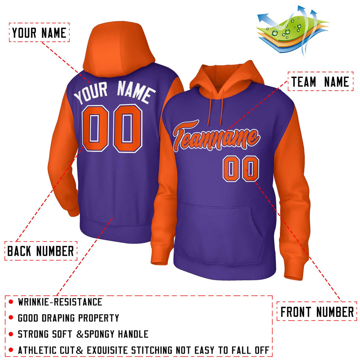 Custom Purple Orange-Purple Raglan Sleeves Stitched Sportwear Pullover Hoodie| KXKSHOP
