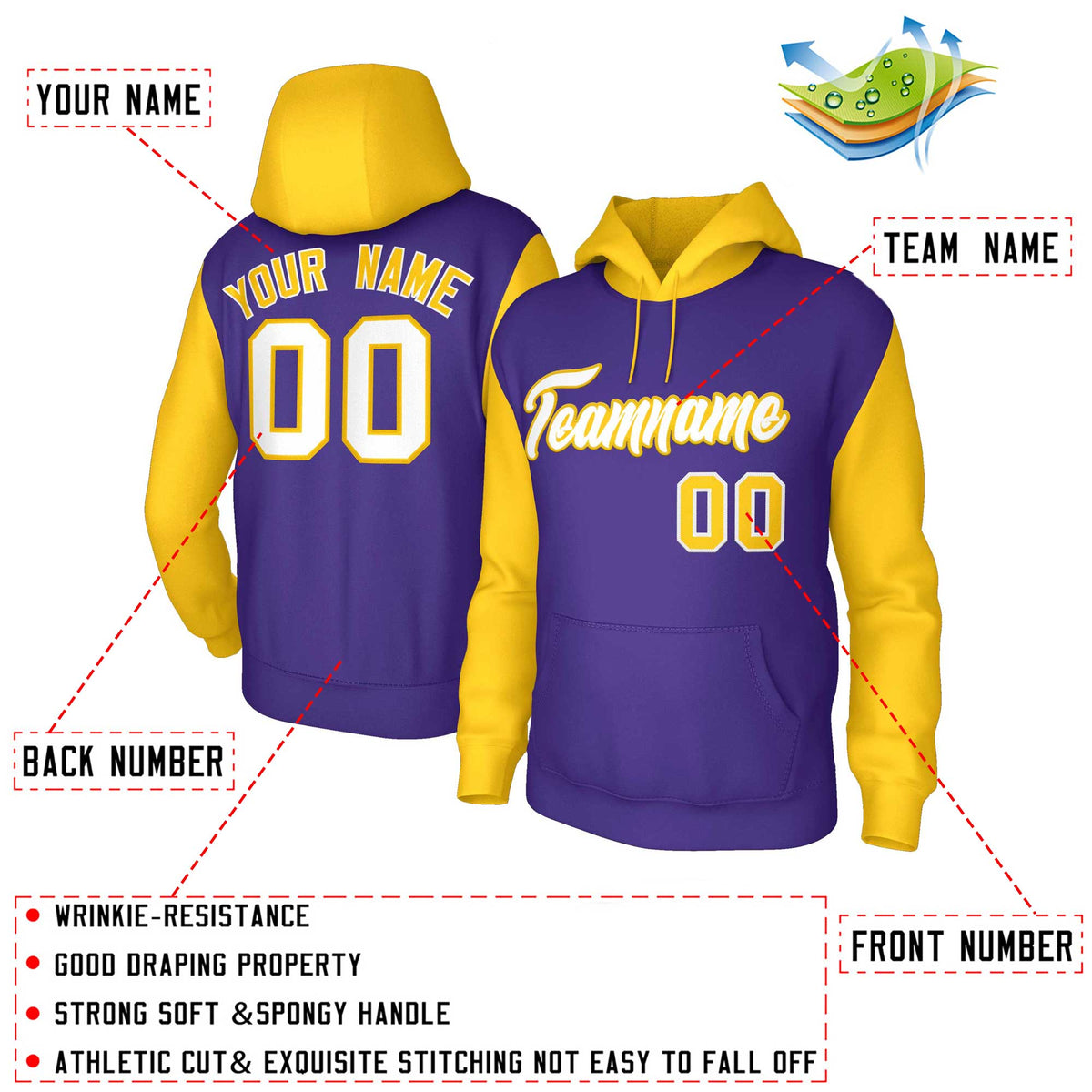 Custom Purple White-Gold Raglan Sleeves Stitched Sportwear Pullover Hoodie| KXKSHOP