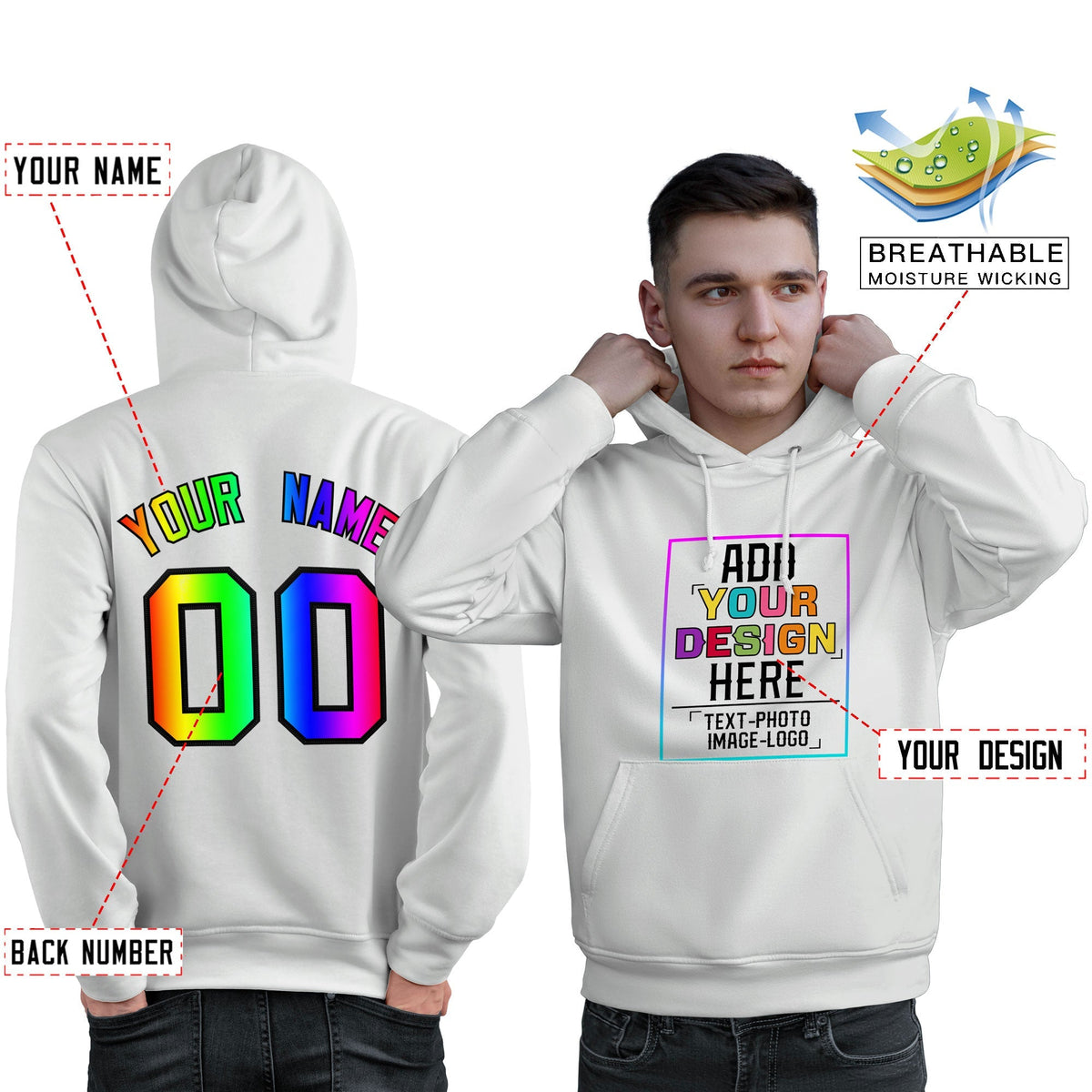 Custom White Personalized Rainbow Color Font Team Pullover Sweatshirt Hoodie| KXKSHOP