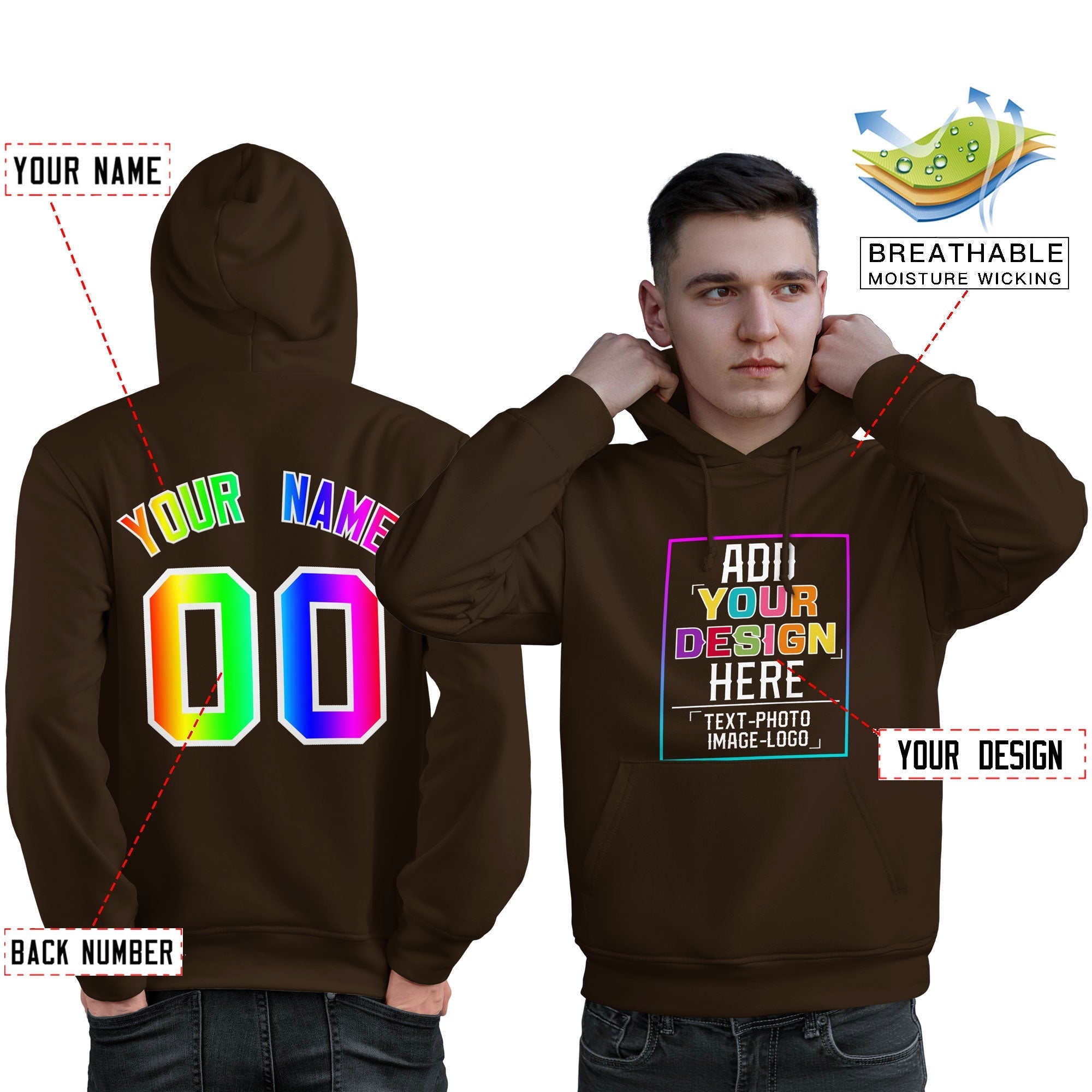 Custom Brown Personalized Rainbow Color Font Team Pullover Sweatshirt Hoodie| KXKSHOP