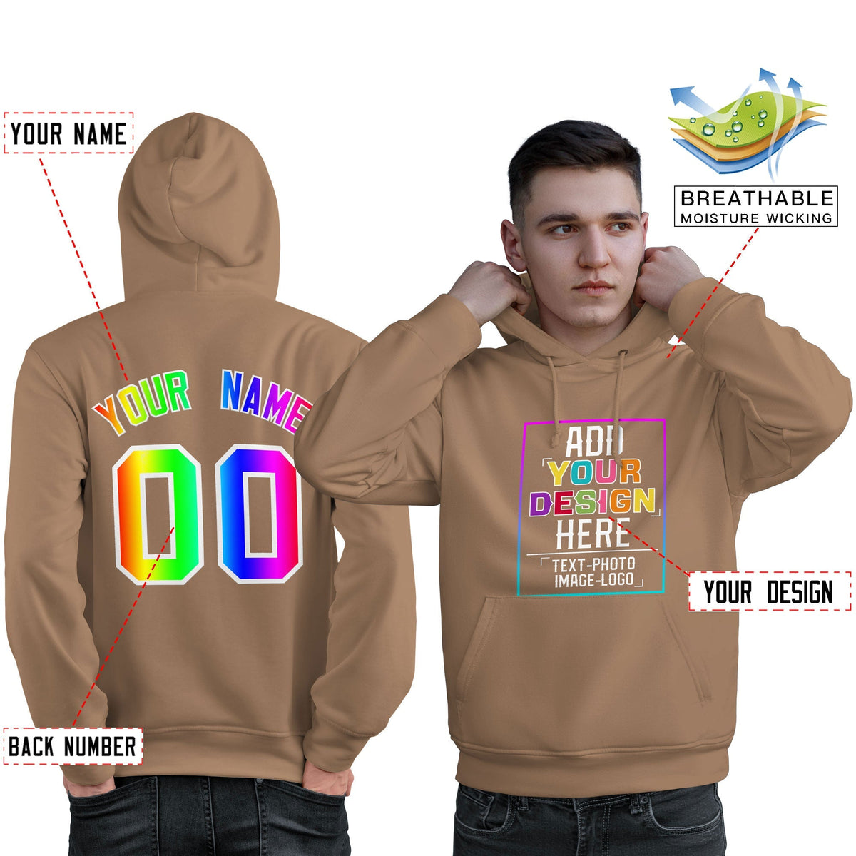 Custom Brown Personalized Rainbow Color Font Team Pullover Sweatshirt Hoodie| KXKSHOP