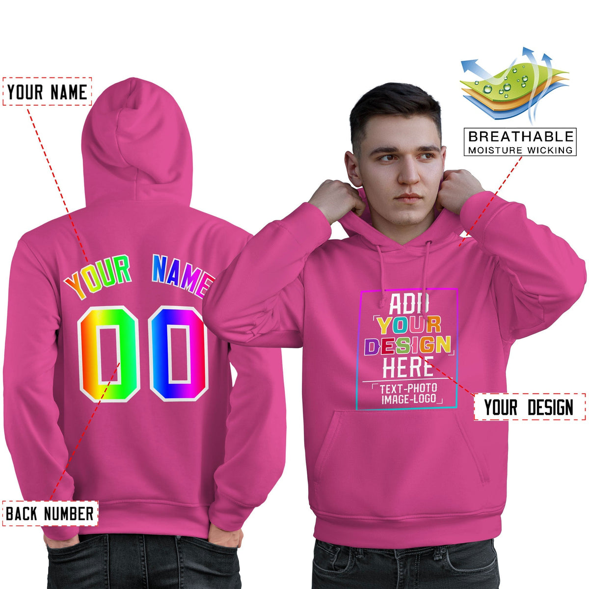 Custom Pink Personalized Rainbow Color Font Team Pullover Sweatshirt Hoodie| KXKSHOP