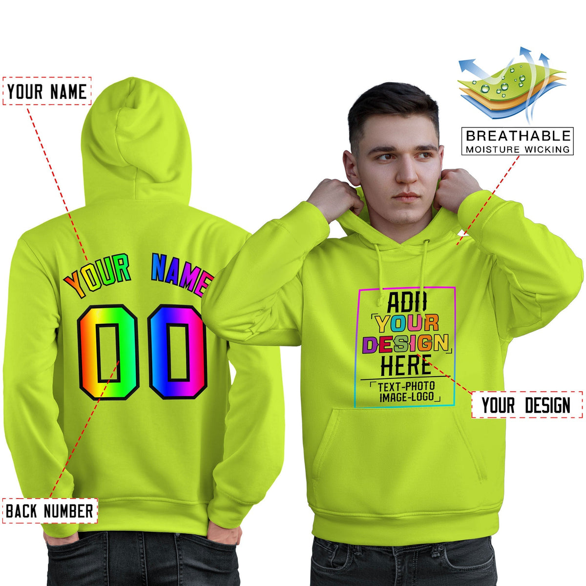 Custom Neon Green Personalized Rainbow Color Font Team Pullover Sweatshirt Hoodie| KXKSHOP