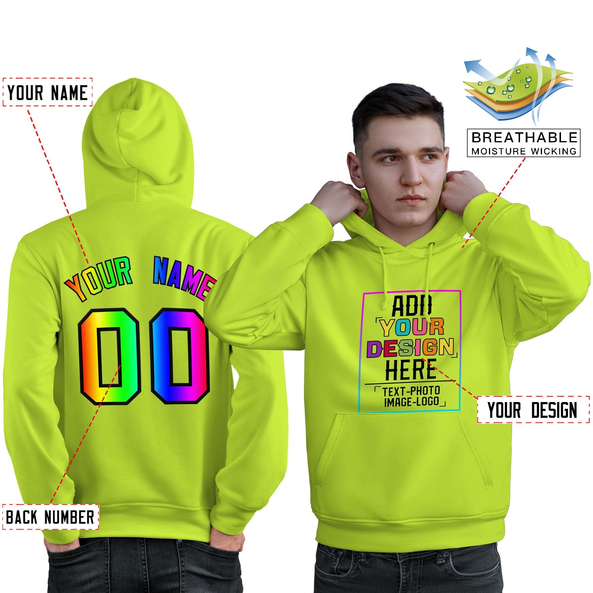 Custom Neon Green Personalized Rainbow Color Font Team Pullover Sweatshirt Hoodie| KXKSHOP
