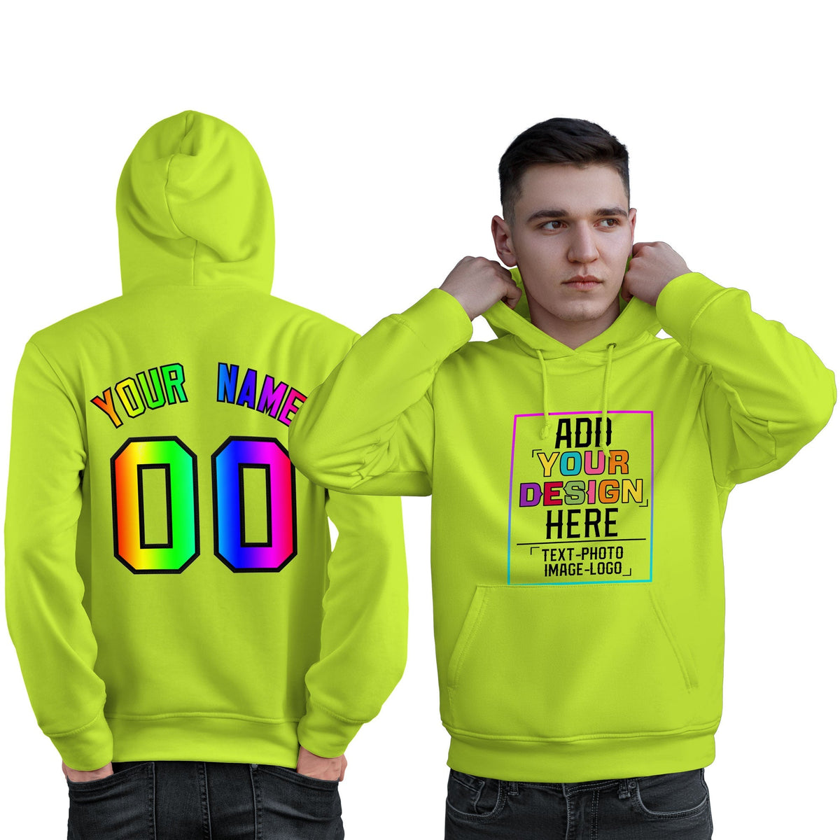 Custom Neon Green Personalized Rainbow Color Font Team Pullover Sweatshirt Hoodie| KXKSHOP
