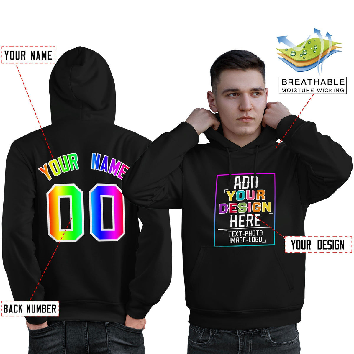 Custom Black Personalized Rainbow Color Font Team Pullover Sweatshirt Hoodie| KXKSHOP
