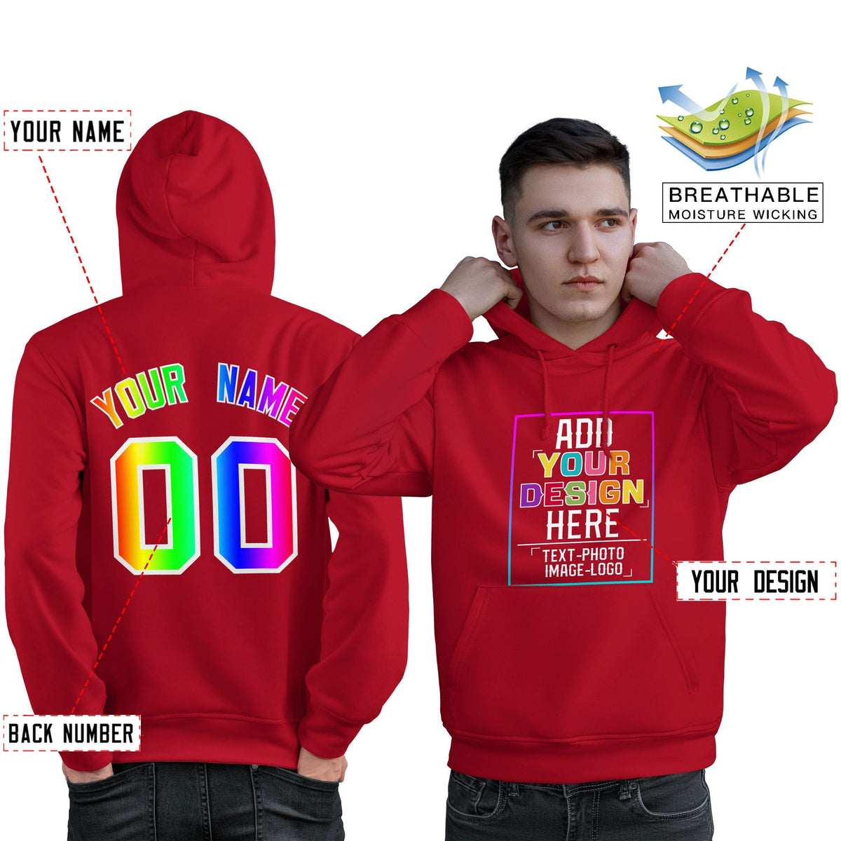 Custom Red Personalized Rainbow Color Font Team Pullover Sweatshirt Hoodie| KXKSHOP