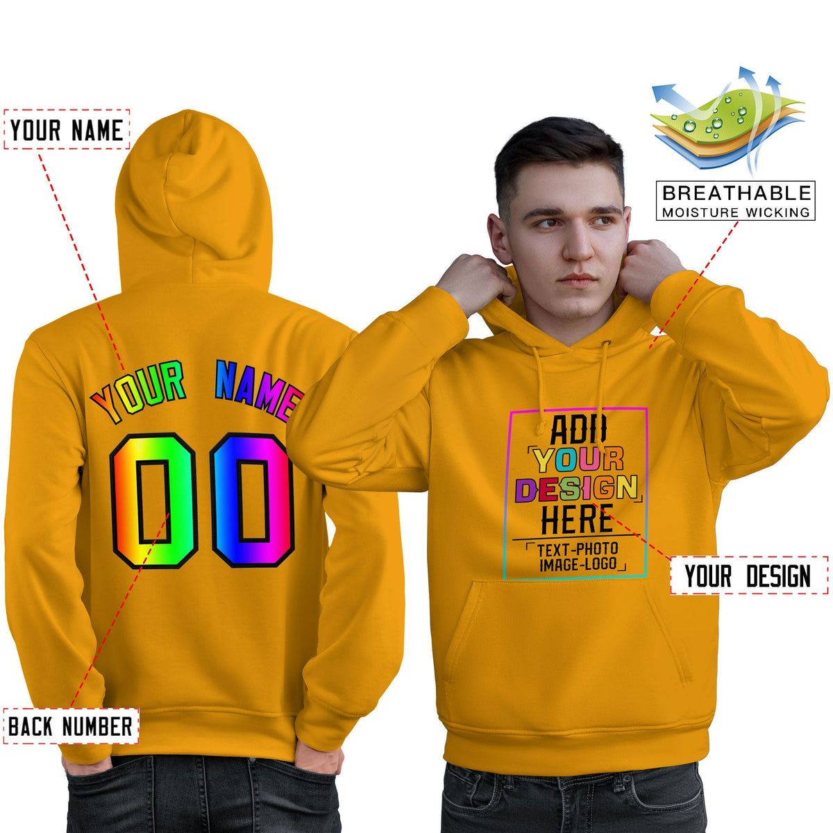 Custom Gold Personalized Rainbow Color Font Team Pullover Sweatshirt Hoodie| KXKSHOP