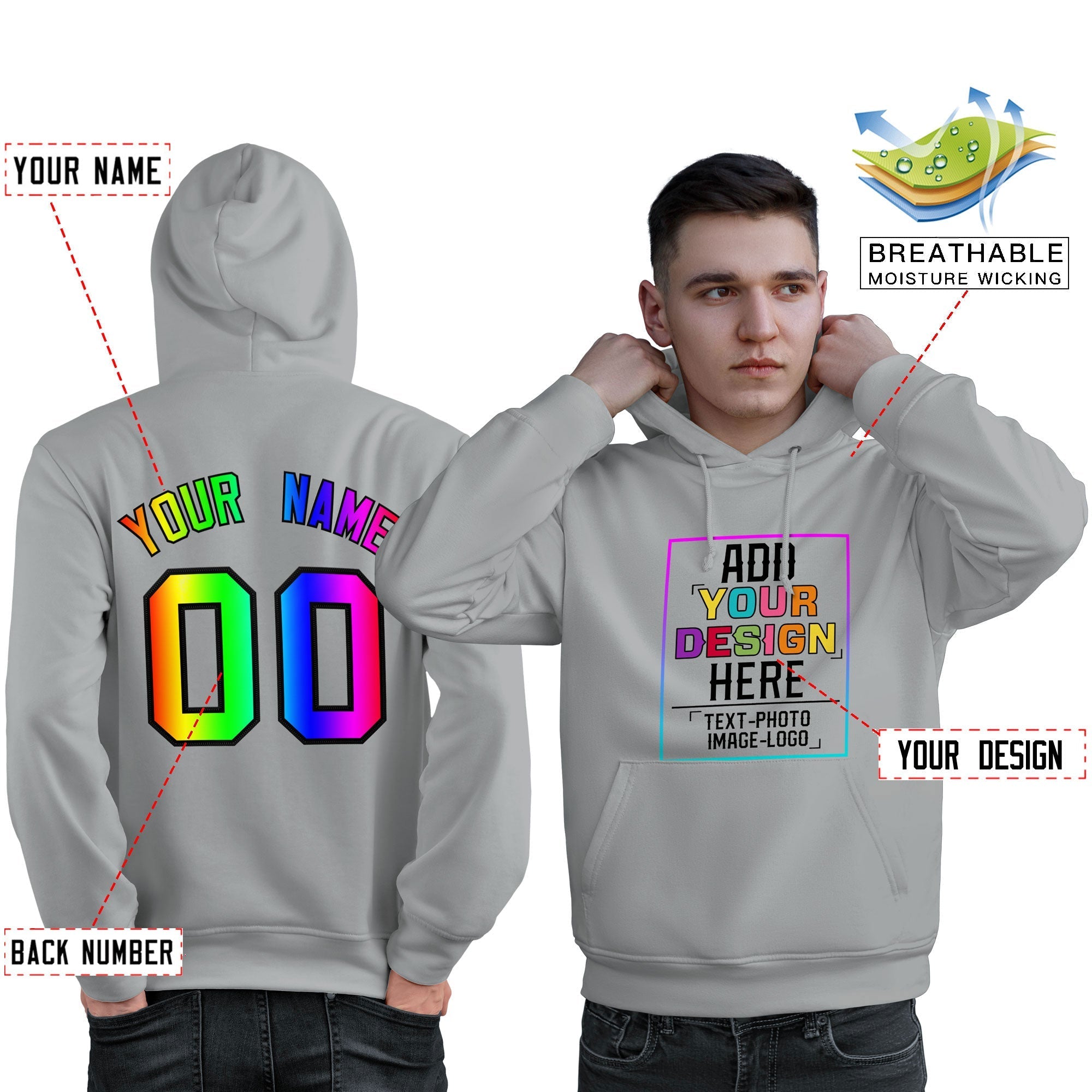 Custom Gray Personalized Rainbow Color Font Team Pullover Sweatshirt Hoodie| KXKSHOP