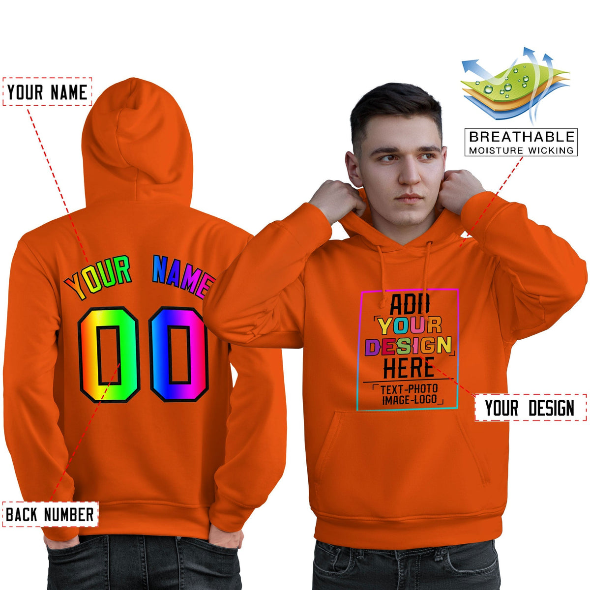 Custom Orange Personalized Rainbow Color Font Team Pullover Sweatshirt Hoodie| KXKSHOP