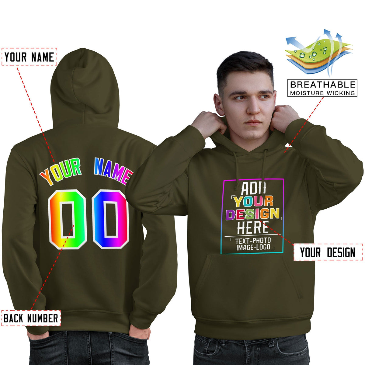 Custom Olive Personalized Rainbow Color Font Team Pullover Sweatshirt Hoodie| KXKSHOP