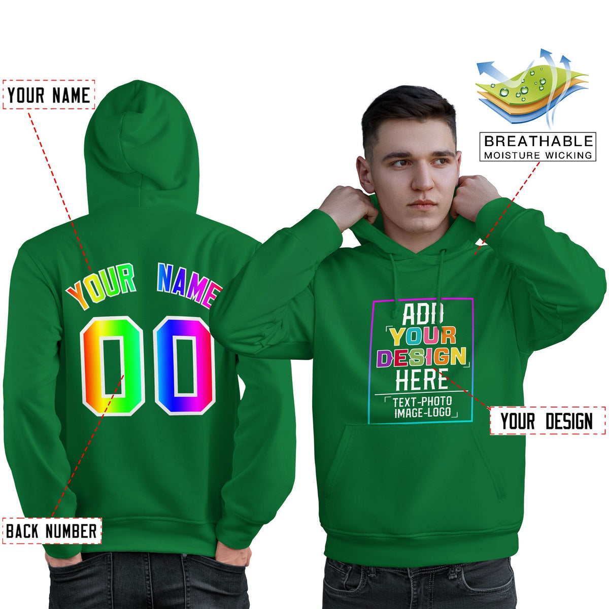 Custom Kelly Green Personalized Rainbow Color Font Team Pullover Sweatshirt Hoodie| KXKSHOP