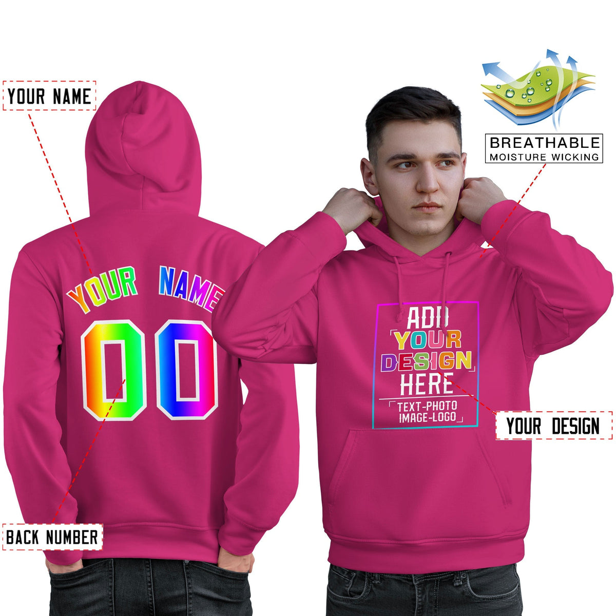 Custom Pink Personalized Rainbow Color Font Team Pullover Sweatshirt Hoodie| KXKSHOP