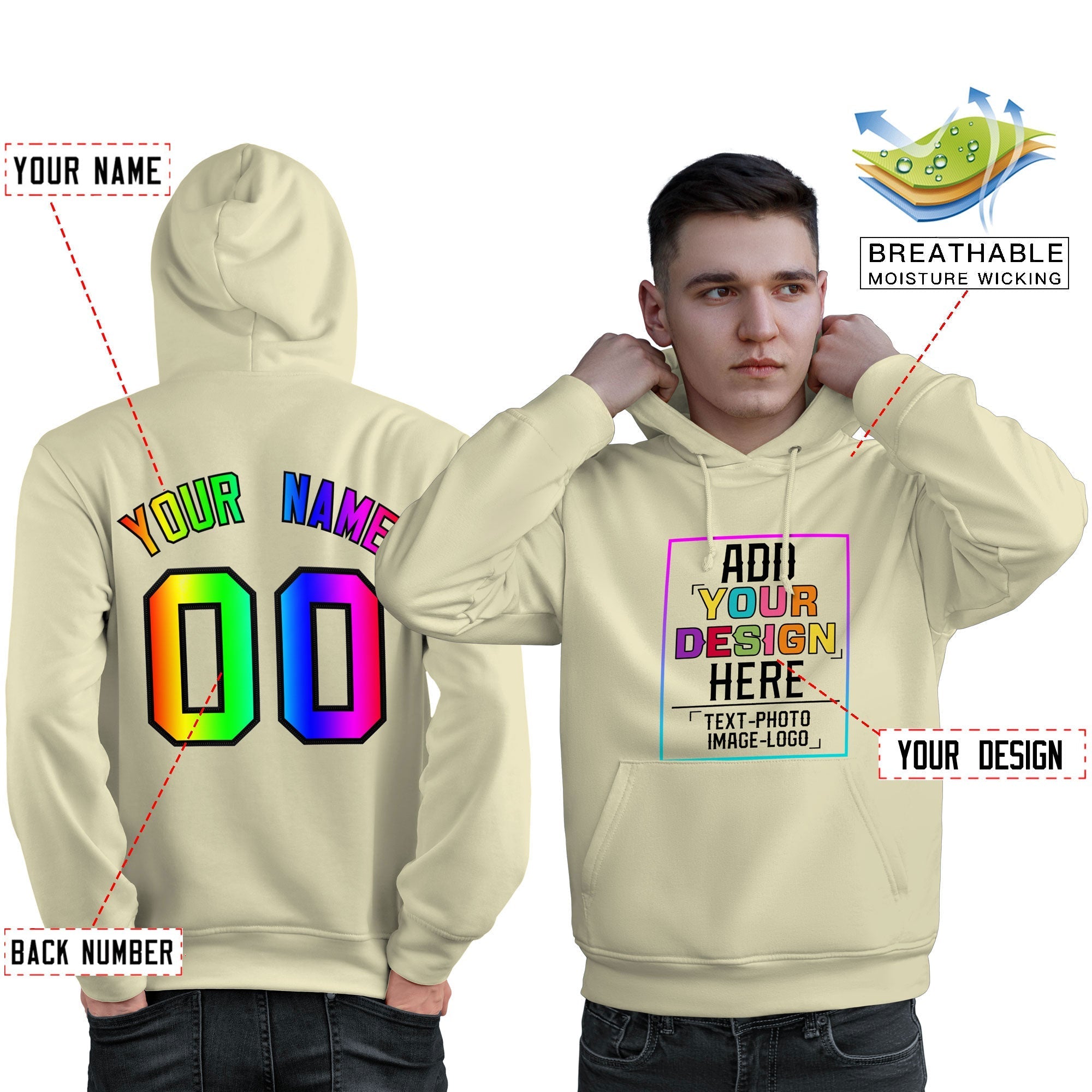 Custom Cream Personalized Rainbow Color Font Team Pullover Sweatshirt Hoodie| KXKSHOP