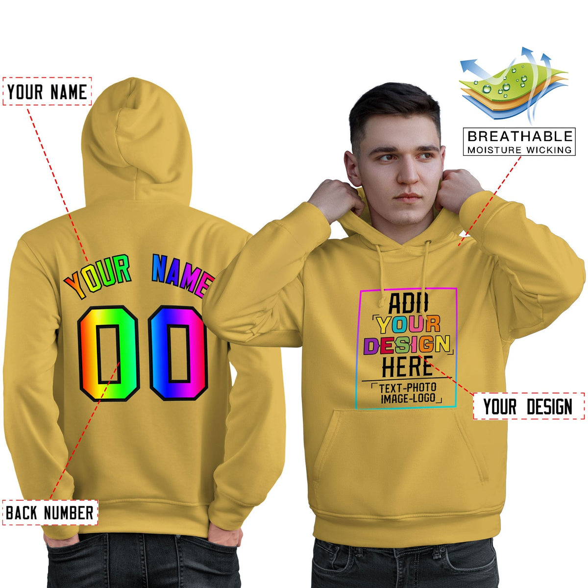 Custom Yellow Personalized Rainbow Color Font Team Pullover Sweatshirt Hoodie| KXKSHOP