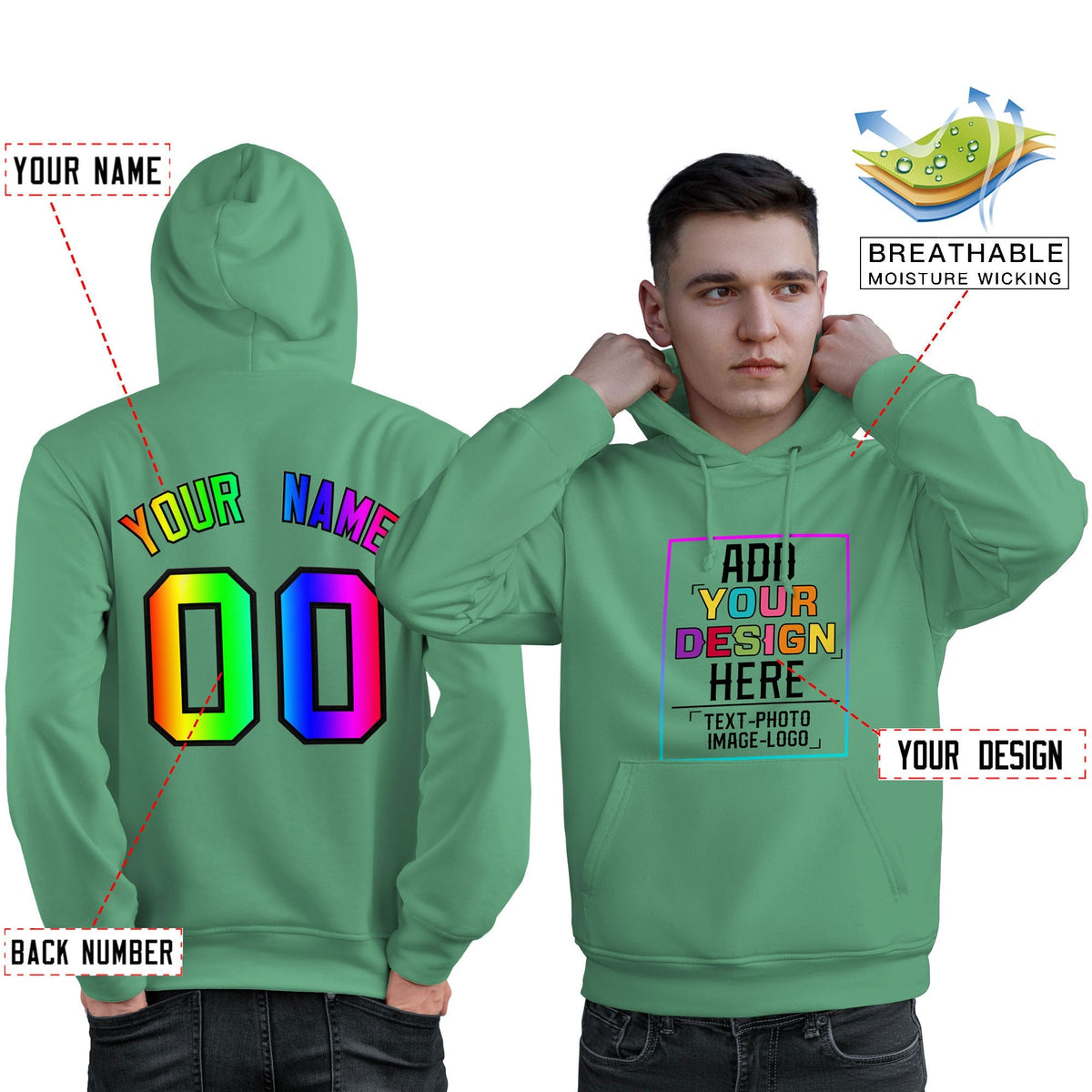 Custom Green Personalized Rainbow Color Font Team Pullover Sweatshirt Hoodie| KXKSHOP