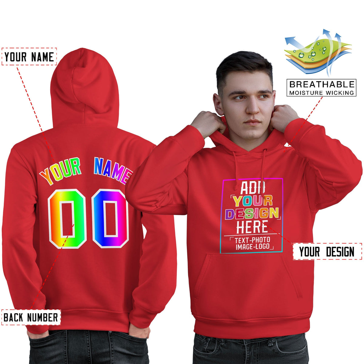 Custom Light Red Personalized Rainbow Color Font Team Pullover Sweatshirt Hoodie| KXKSHOP