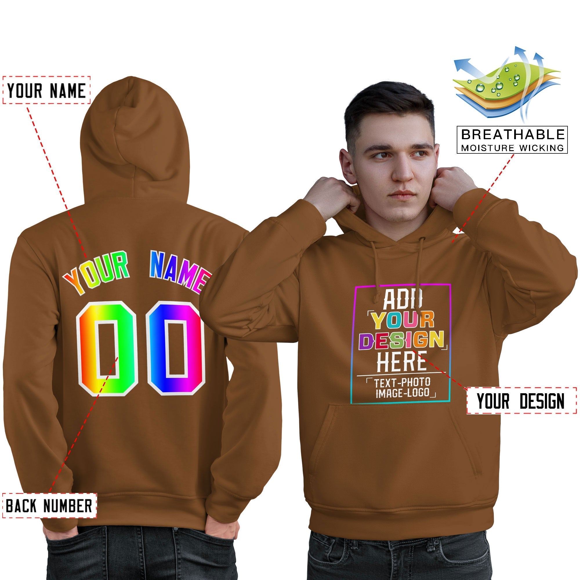 Custom Brown Personalized Rainbow Color Font Team Pullover Sweatshirt Hoodie| KXKSHOP