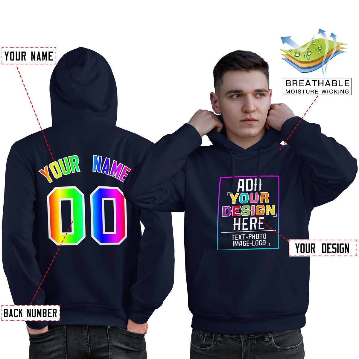 Custom Navy Personalized Rainbow Color Font Team Pullover Sweatshirt Hoodie| KXKSHOP