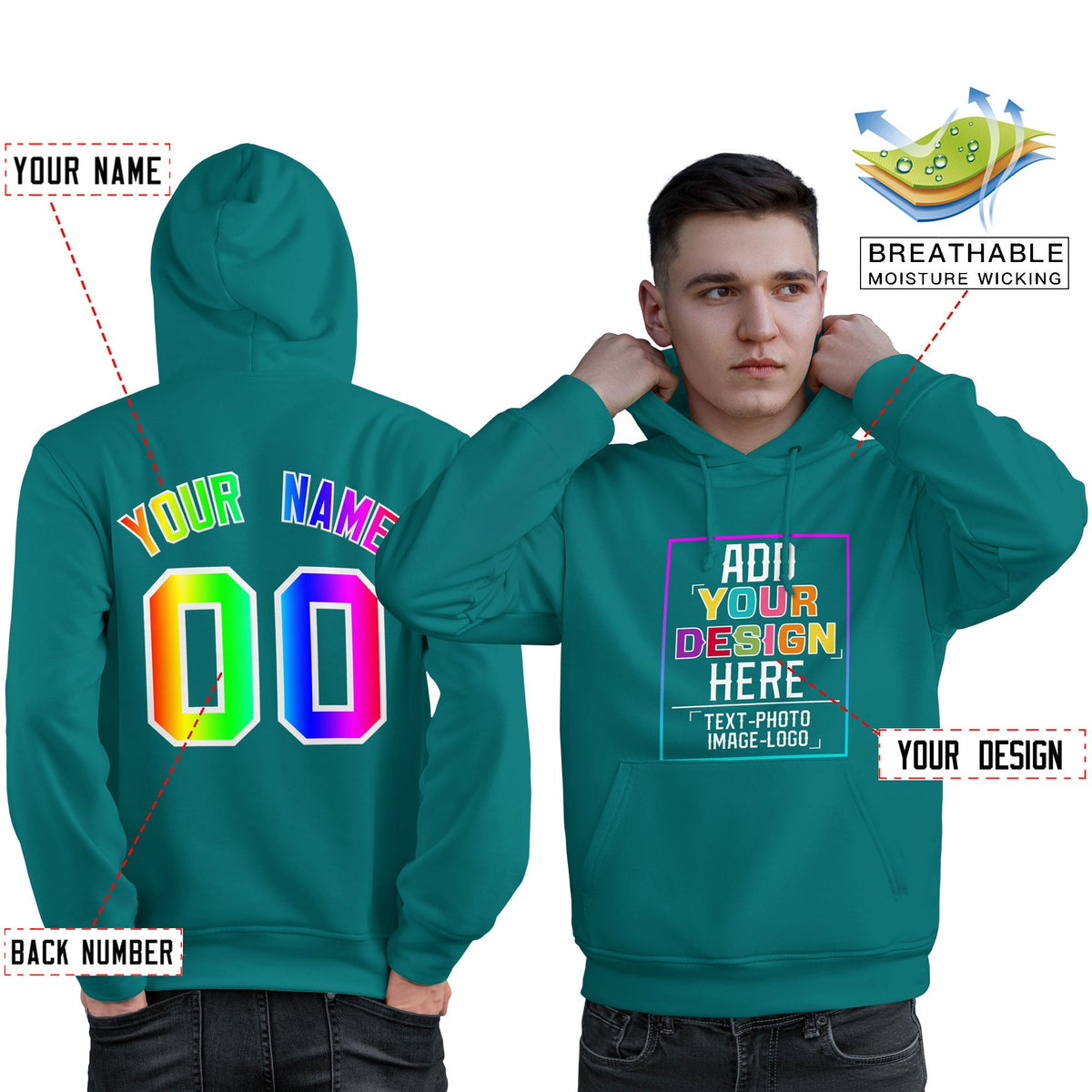 Custom Aqua Personalized Rainbow Color Font Team Pullover Sweatshirt Hoodie| KXKSHOP